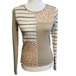 American Eagle Patchwork Long Sleeve Top Women Small Cream Floral Stripe Grunge